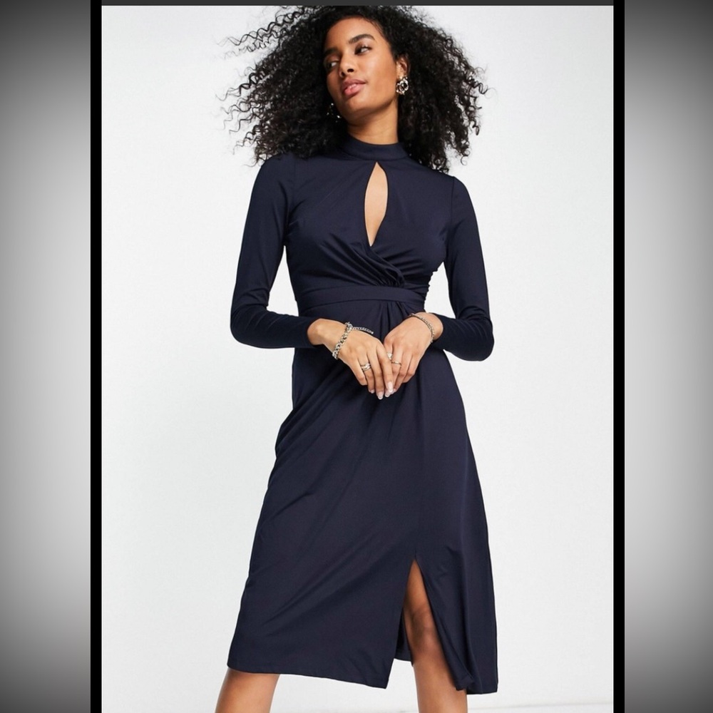 Ted Baker Astrid Women Navy Blue Asymmetric Jersey Midi Dress size UK 2 (US 4/6)